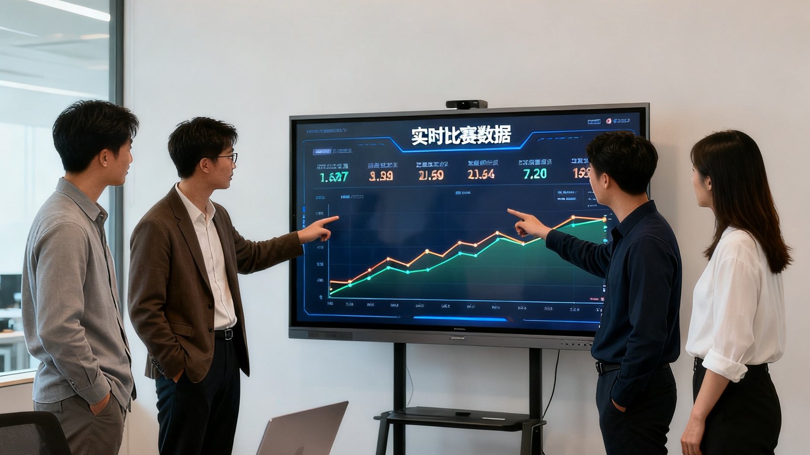搜球吧数据团队在办公室中讨论大屏上的实时比赛数据