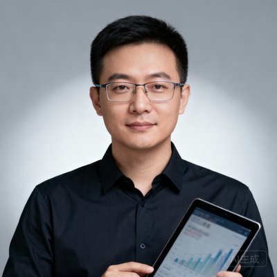数据总监王磊头像，戴眼镜，手持平板